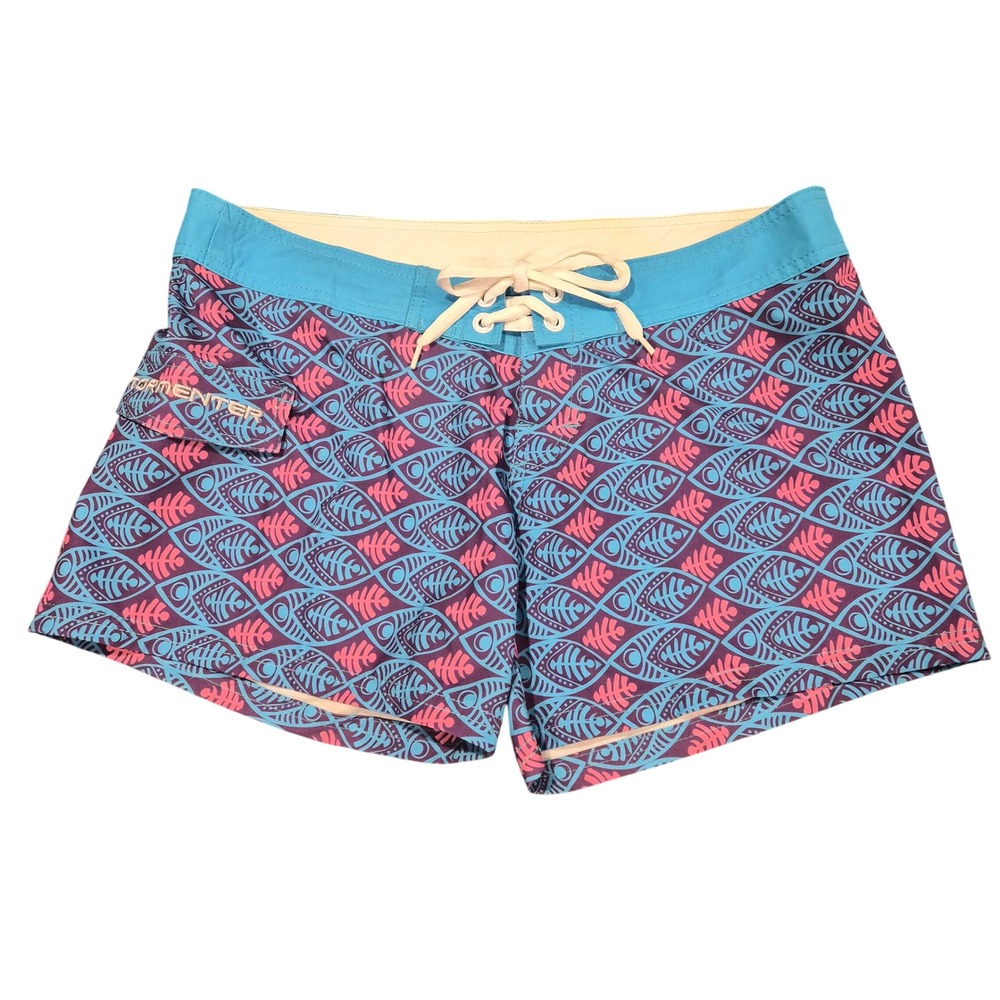 Tormenter Board Shorts Womens 10 Pink Teal Fish Skeleton Print Swim Surf Trunks
